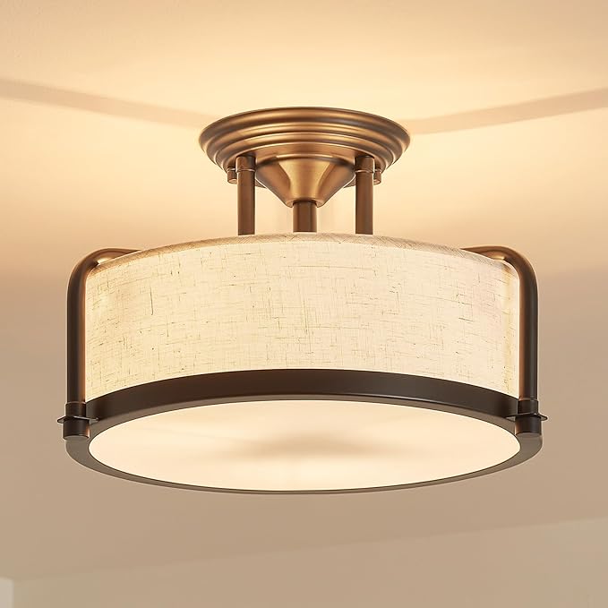 Modern Drum Ceiling Light, Semi-Flushmount Close to Ceiling Light Fixture for Living Room, Bedroom, Dining Room,Kitchen, D13 x 8 in, Linen Fabric Shade & Black Finish Metal Frame