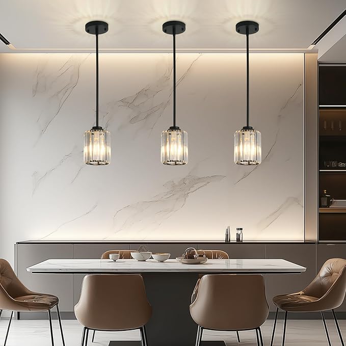 3 Pack Crystal Pendant Lights Kitchen Island, Adjustable Hight Modern Black Mini Chandelier, Ceiling Hanging Light Fixtures, Lamparas Colgantes for Kitchen Hallway Dining Room Bedroom