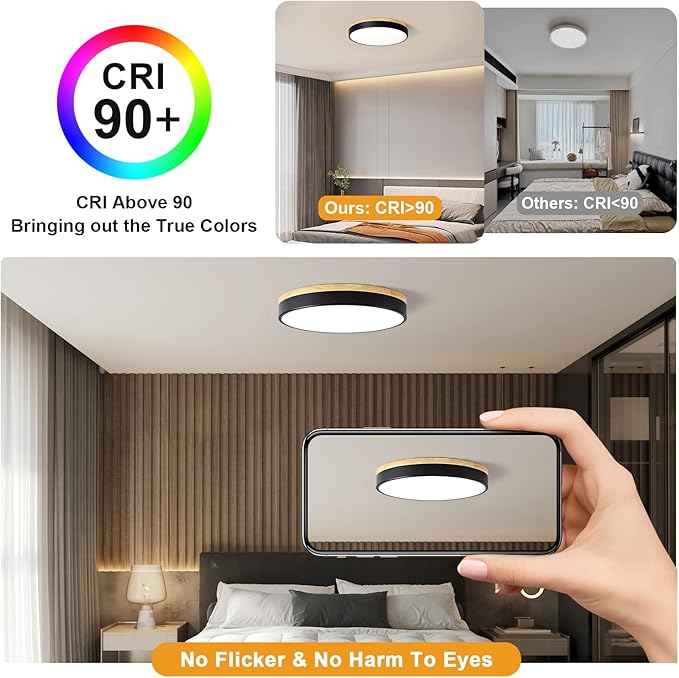 Modern Dimmable Wood Ceiling Light, Black Round LED Flush Mount Ceiling Lighting Fixtures, Minimalist Ceiling Lamp for Kitchen Bedroom Laundry Room Living Room Entryway Hallway&15.74 in