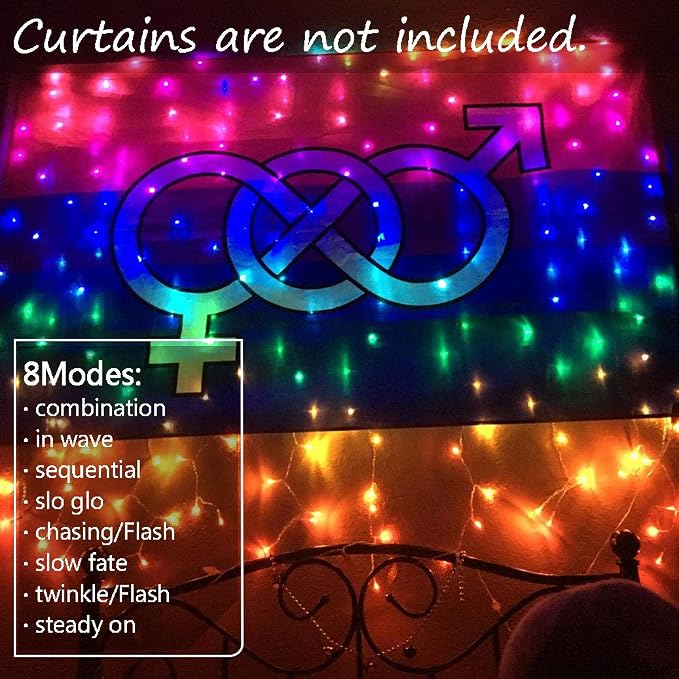Rainbow Curtain Lights LED Curtain Lights Waterproof Window Fairy Lights String Remote Icicle Lights 8 Modes Twinkle Lights for Wedding Christmas Party Bedroom Wall Decoration (7-Color)