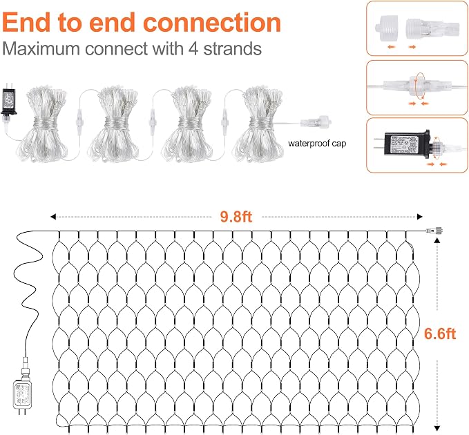 woohaha Outdoor Halloween Net Lights, 9.8FTx6.6FT 192 LED Plug-in Mesh Lights with 8 Lighting Modes, Connectable Light for Bush Christmas Garden Tree Holiday Wedding Party Decor, Orange