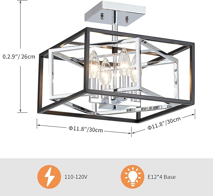 AGV LIGHTING CL055C Modern Semi-Flushmount Ceiling Light Fixture, Square Ceiling Light, E12 Base 4-Lights, L12 x W12 x H10, Matte Black & Chrome Finish