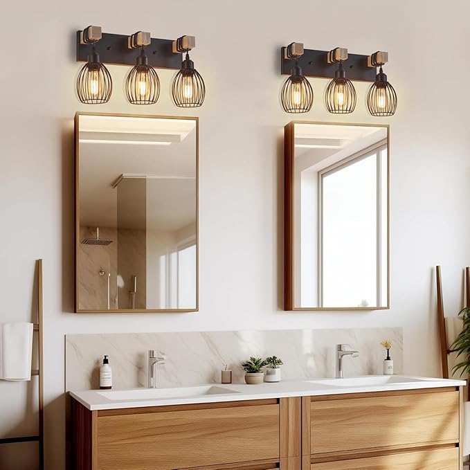 Farmhouse Bathroom Vanity Light, 3-Light Rustic Wood Bathroom Lighting Fixtures Over Mirror, Industrial Black Vanity Lights with Elegant Teardrop Lampshade for Bedroom Living Room Hallway
