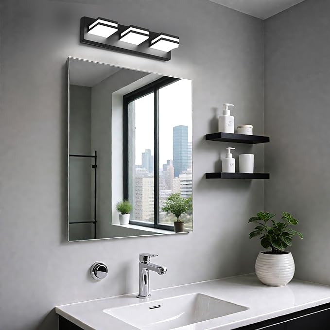 IZORRO LED Modern Bathroom Lights Fixtures(3-Light,Dimmable,360°Rotate),Matte Black Acrylic Wall Lighting,Vanity Lights for Bathroom Over Mirror - 6000k 16In (No Assembly Required)