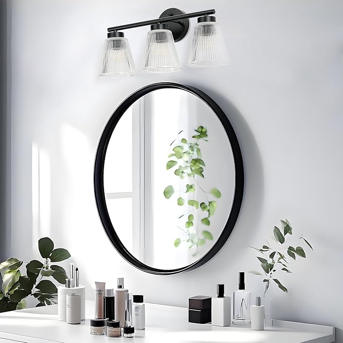 OCIOC Black Bathroom Vanity Lights, 3-Light Modern Bathroom Light Fixtures with Striped Glass Shade, Bathroom Wall Lamp over Mirror, for Living Room, Bedroom, Hallway,Cabinet Porch