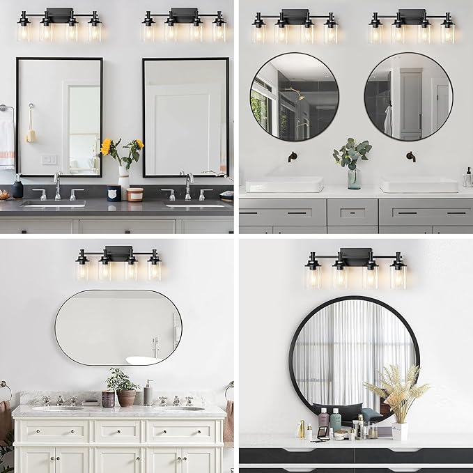 4-Light Bathroom Vanity Lights with Clear Glass Shades, Matte Black Over Mirror, Modern Wall Lamp for Mirror, Living Room, Bedroom