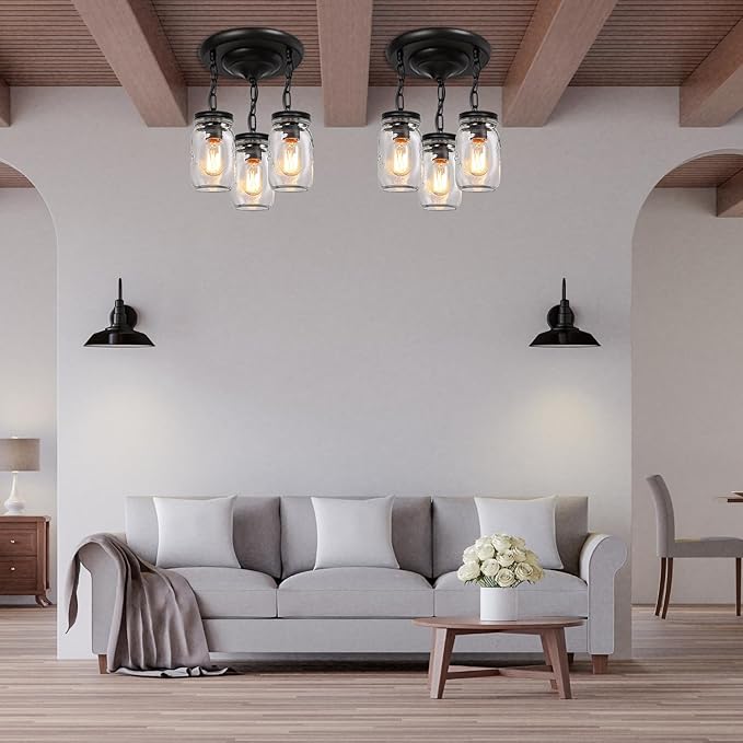 Glass Mason Jar Light Fixtures, 3-Lights Pendant Ceiling Lights Flush Mount - Black Country Farmhouse Lights for Kitchen Dining Room Foyer Stairway Hallway Entryway Porch
