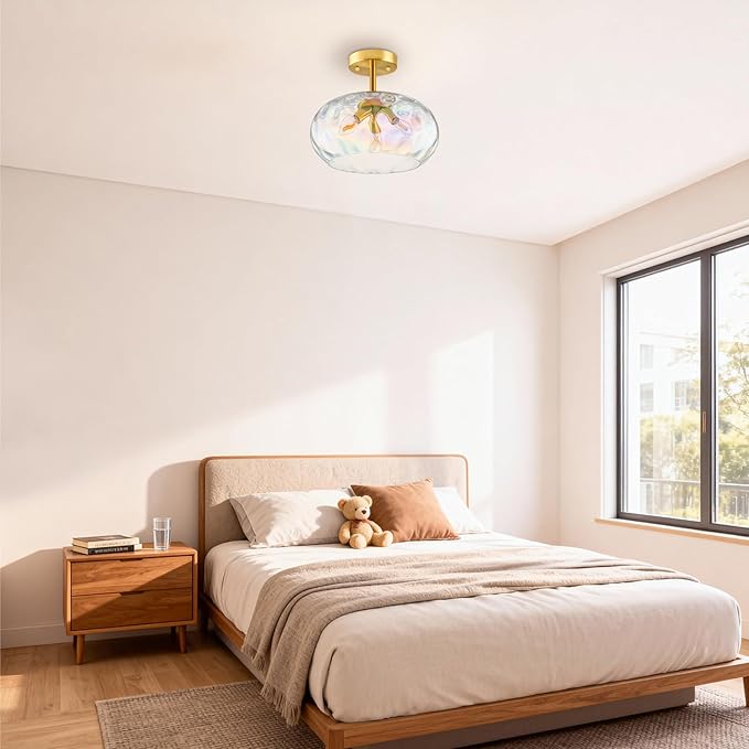 14'' Semi Flush Mount Ceiling Light, 3-Light Iridescent Glass Shade, Brass Indoor Vintage Ceiling Light Fixture for Entryway, Bedroom, Kitchen, Living Room, Hallway, Farmhouse Bulbs Not Included