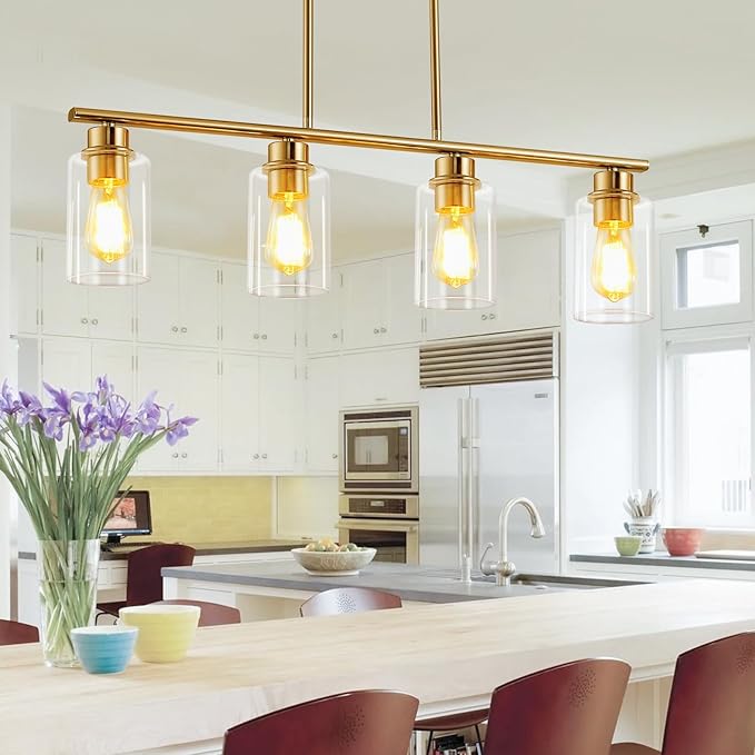 mavcadonf Kitchen Island Light, 4-Light Pendant Lighting, Farmhouse Industrial Dining Room Light Fixtures for Kitchen Island Dining Living Room, Brushed Gold with Clear Glass Shade