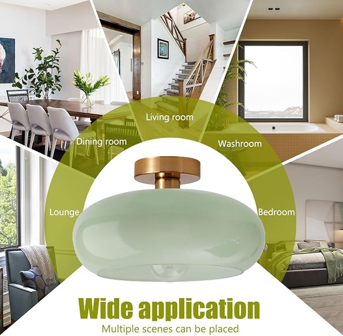 Green Glass Flush Mount Ceiling Light Nordic Modern Ceiling Lights Large Round Milk Glass Shade Gold Brass Semi Flush Mount Ceiling Light for Kitchen Hallway Bedroom Overhead Light