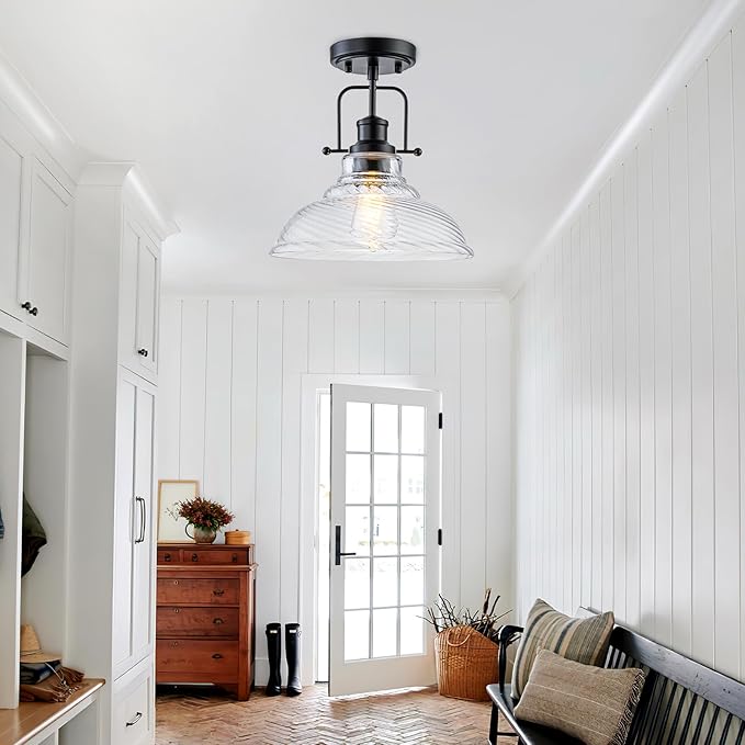 WILON Flush Mount Ceiling Light, Black Farmhouse Ceiling Light with Striped Clear Glass Shade, Light Fixtures for Dining Room Ceiling, Semi Flush Mount Ceiling Lights for Kitchen Entryway