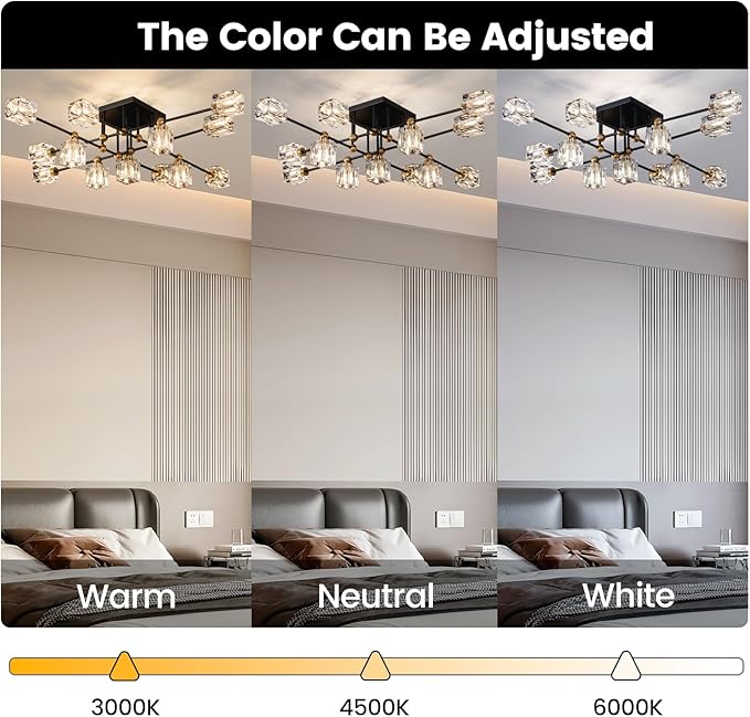 Modern Crystal Ceiling Light Fixture 13-Lights Black and Gold Semi Flush Mount Ceiling Light Farmhouse Chandeliers for Dining Room Kitchen Island Living Room Bedroom