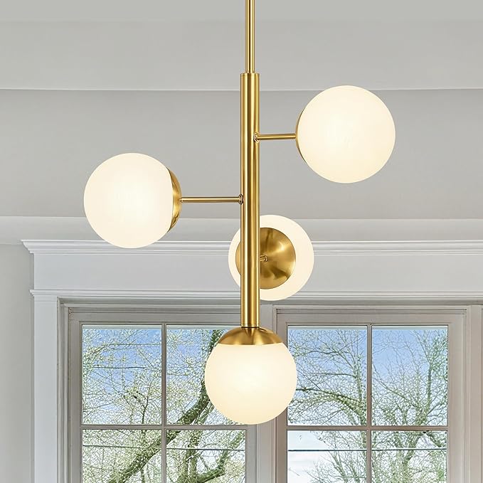 Modern Sputnik Chandelier Ceiling Light Fixture, 4-Light Semi Flush Mount Gold Chandelier with Globe Milky Frosted Glass Shade Adjustable Dining Room Sputnik Ceiling Light for Kitchen, Hallway
