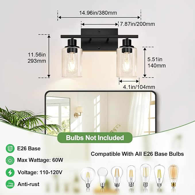Indoi Matte Black 2-Light Bathroom Vanity Light with Clear Glass Shades — Modern Bathroom Light Fixtures & Vanity Lights for Mirror