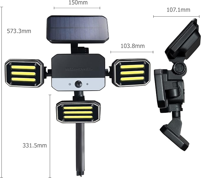 Bell+Howell Bionic Flood Light ASON TV, Solar Lights Outdoor Waterproof- 50% Brighter 108 COB-LED's w/Motion Sensor 180° Swivel, Adjustable Panels for Garden, Lawn and Patio As Seen On TV