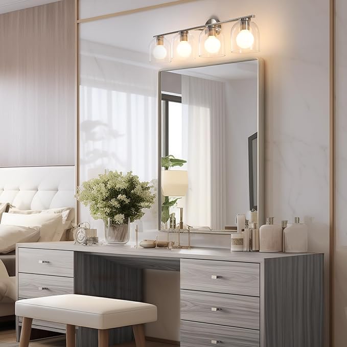 WOSHITU Bathroom Vanity Light Fixtures: 32.3 Inch Modern Brushed Nickel Bathroom Vanity Lights Over Mirror with Clear Glass Shade, 4-Light Bathroom Light Fixture Wall Lights Over Mirror
