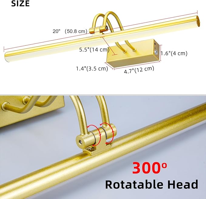 Picture Light, Picture Lights for Wall Cordless, 20inch Battery Operated Wall Lights with Timer and Dimmable, Rechargeable Metal Picture Lights for Display Gallery Painting Art Frame Portrait - Gold