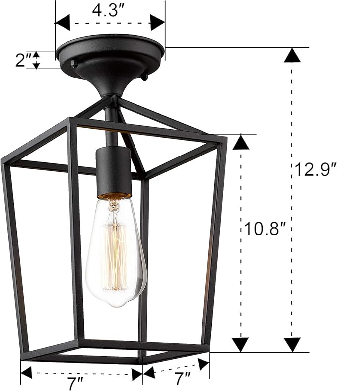 Emliviar Semi-Flush Mount Ceiling Light, 1-Light 13 inch Height Ceiling Light Fixture in Black Finish, 20065B1-F1 BK