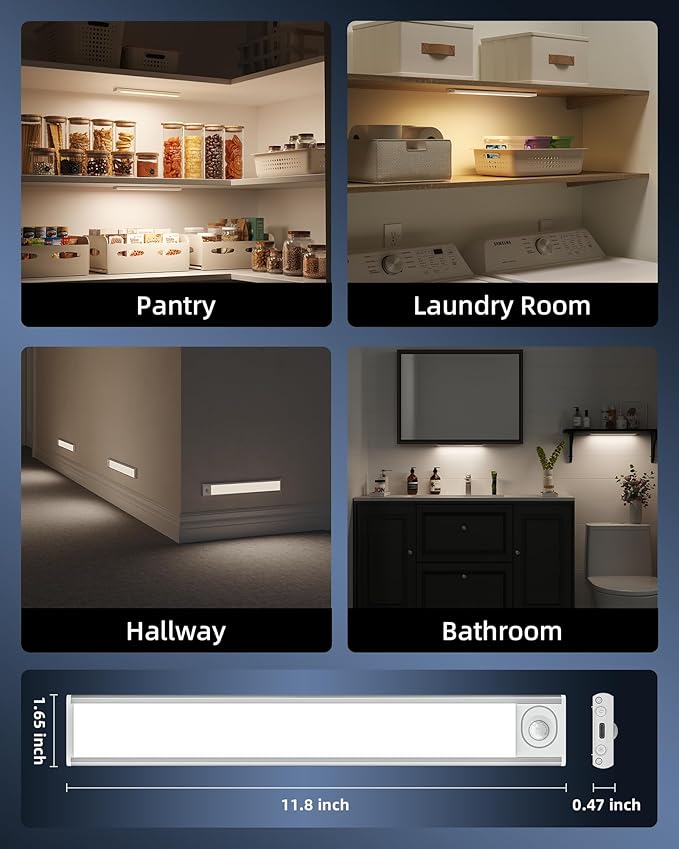 Under Cabinet Lighting Wireless, Rechargeable Battery Motion Sensor Light Indoor, LED Closet Lights USB Charging, 3 Color Dimmable Under Cabinet Lights for Kitchen, Cabinet, Wardrobe (3 Pcs) 12in