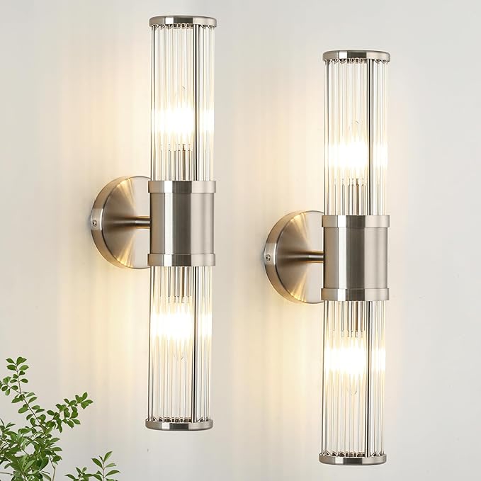Dual Sconce Vanity Set of 2, Brushed Nickel Wall Light with Clear Glass Rods Shape, Industrial Vanity Lighting for Bathroom Mirror and Modern Bedroom