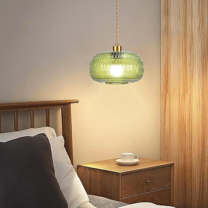 QIYIZM Plug in Pendant Light Glass Hanging Lights with Plug in Cord Boho Hanging Lamp Gold Mid Century Modern Vintage Dimmable Green Flower Plug in Chandelier Ceiling Fixture for Living Room,Kitchen