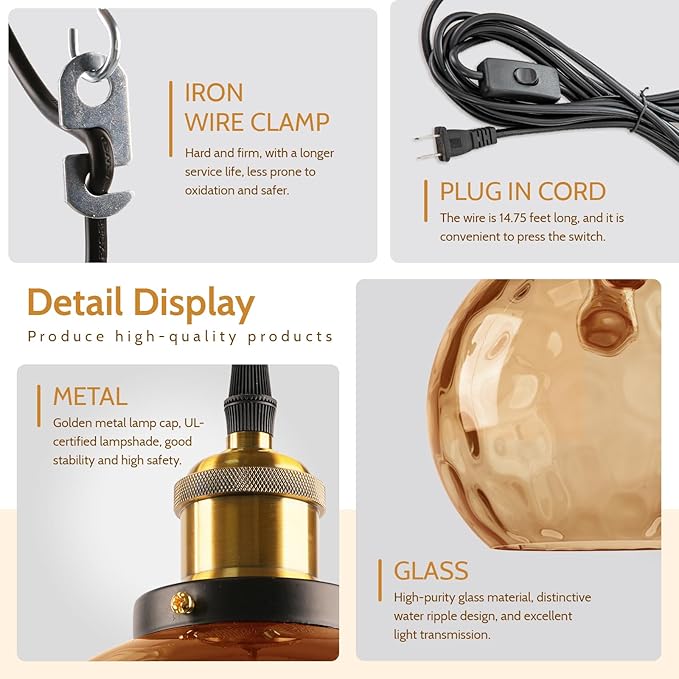 Amber Glass Plug in Pendant Light, Mid Century Gold Hanging Lamps for Living Room Bedroom, 7.8" Hammered Globe Vintage Hanging Light Fixture with Plug in Cord On/Off Switch