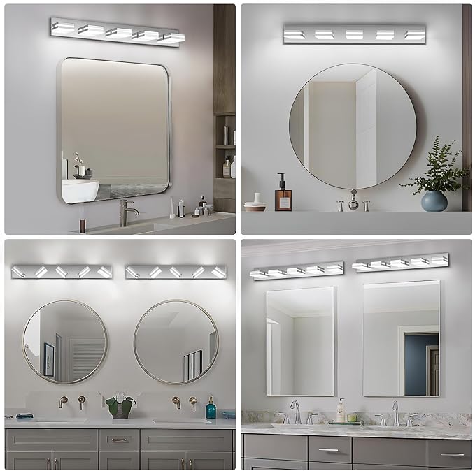 Modern LED Bathroom Lights Fixtures 5-Light,Stainless Steel Chrome Acrylic Wall Lighting,Vanity Lights for Bathroom Over Mirror 6000k 34in