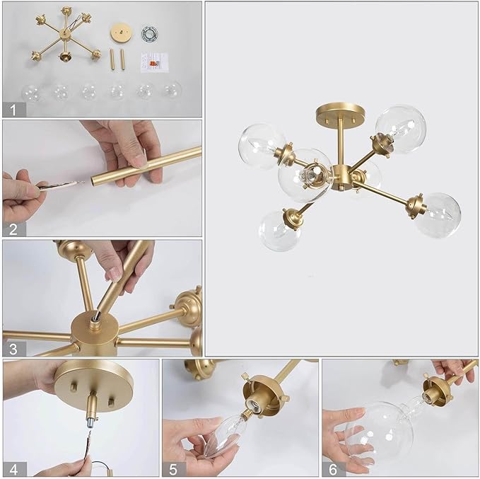 KSANA Gold Semi Flush Mount Ceiling Light, 6-Light Modern Close to Ceiling Hallway Light Fixtures with Clear Glass Globe for Bedroom, Kitchen