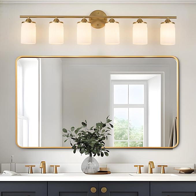Jonsi Gold Bathroom Light Fixtures 6-Light Vanity Lights Modern Wall Sconce with Milk White Shade Brushed Brass Bathroom Light Fixture Over Mirror for Bedroom Hallway Kitchen