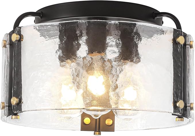TOULMJ 15'' Black Semi Flush Mount Ceiling Light, 3-Light Modern Entryway Light Fixtures Hammered Glass Kitchen Lighting Fixtures Hallway Ceiling Lights for Bathroom Bedroom Foyer Laundry Dining Room
