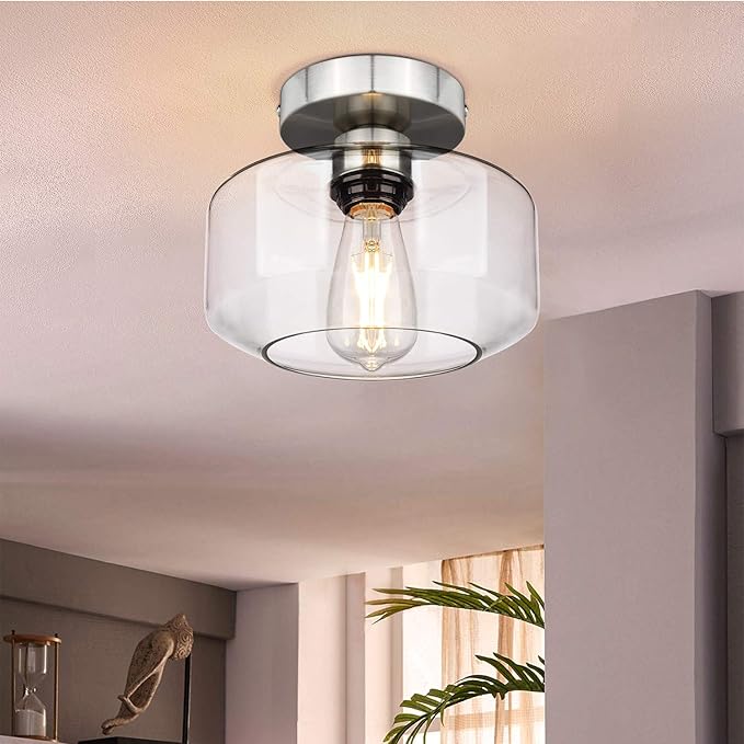 MAXvolador Industrial Semi Flush Mount Ceiling Light Brushed Nickel, Clear Glass Pendant Lamp Shade Farmhouse Lighting Hallway, Hanging Light Fixture