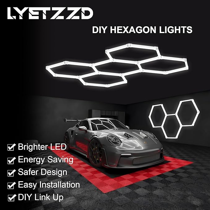 Hexagon Garage Light 3 Hex, 105W 12600LM, 6500K Super Bright Honeycomb LED Ceiling Light for Garage, Workshop, Basement, Gym, Car Detailing Shop