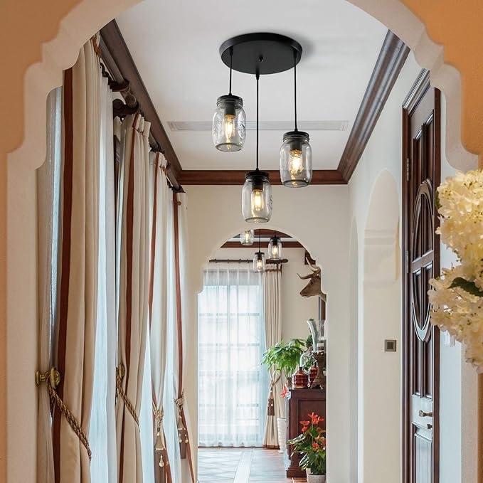 Mason Jar Light Fixtures, 3 Lights Farmhouse Mason Jar Pendant Light, Glass Jar Chandelier Country Adjustable Hanging Ceiling Lighting for Kitchen Dining Room Hallway