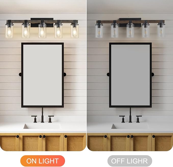GoYeel Farmhouse Bathroom Vanity Lighting,5 Light Vanity Light Bathroom Lighting Lixtures Over Mirror Wooden with Clear Glass for Hallway Kitchen Sink