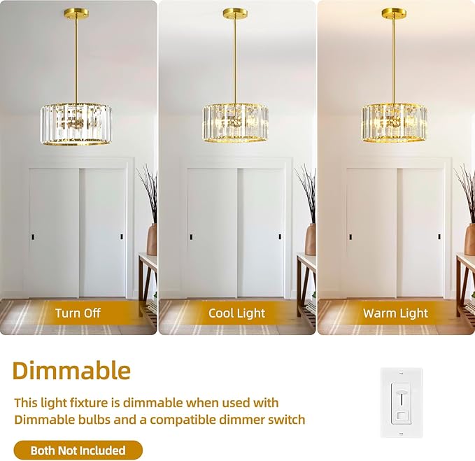 Gold Crystal Ceiling Light, Modern Semi Flush Mount Ceiling Lighting Fixture, Round Hallway Lighting Fixtures Chandelier Pendent Light for Foyer Kitchen Entryway Bedroom Dining Room, 3-Light,11.8Inch