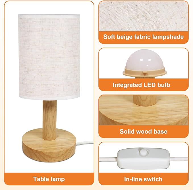 Small Bedside Table Lamp with USB Powered, Minimalist Rustic Wood Base &Linen Shade, 2700K Warm Eye-Care Night Light, Farmhouse Boho Nightstand Lamp for Bedroom Dorm Nursery Kids Room Kitchen