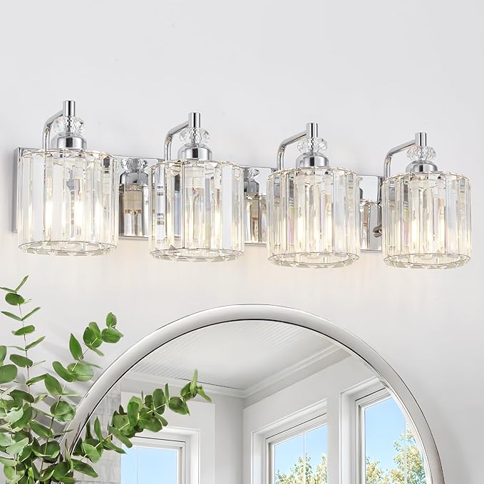 4-Light Modern Bathroom Light Fixture Chrome Bathroom Vanity Lights Over Mirror Wall Sconce Lighting with K9 Crystal Shades E26 Base for Bedroom, Living Room, Hallway, Cabinet Wall Lamp