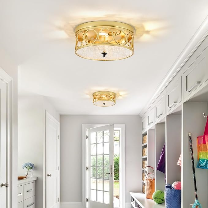 4-Light Flush Mount Ceiling Light Fixtures,15.2in Gold Metal Farmhouse Ceiling Lighting with Clear Glass & E12 Socket,for Kitchen Island, Bedroom, Entryway, Dining Room