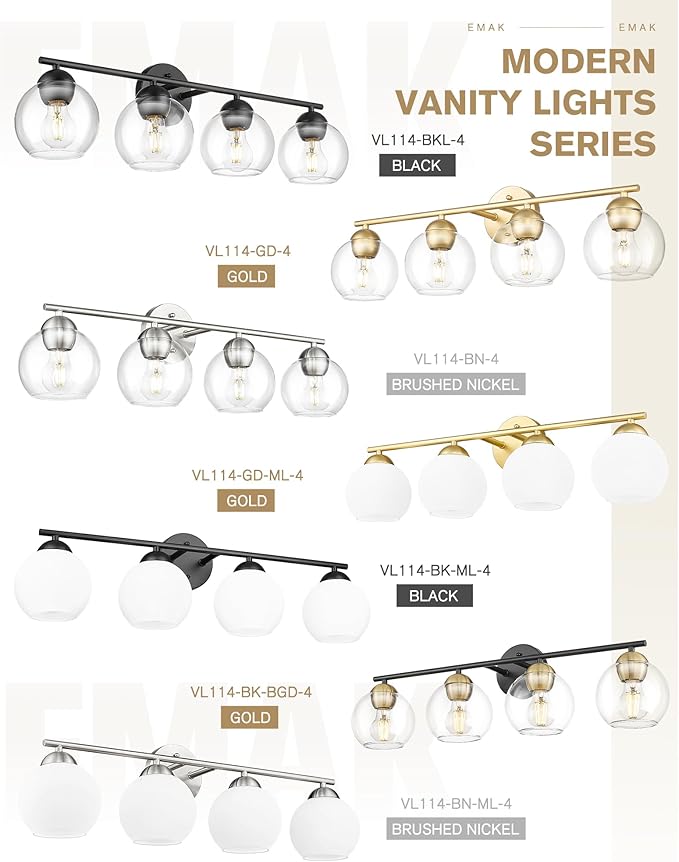 Emak mak 4-Light Bathroom Vanity Light, 29 Inch Brushed Nickel Bathroom Light, Globe Vanity Lighting with Clear Glass Shade for Bath, VL114-BN-4