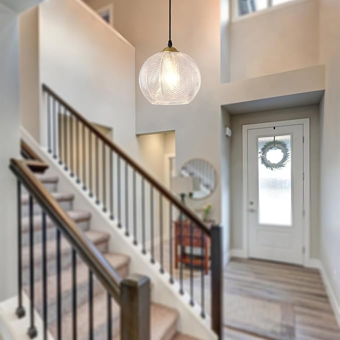 Clear Glass Pendant Light, Single Large Globe Shade Hanging Chandelier, 9.8-Inch Hand Blown Glass Ball Pendant Light Fixtures for Kitchen Island, Staircase, Dining Room, Living Room, Bedroom