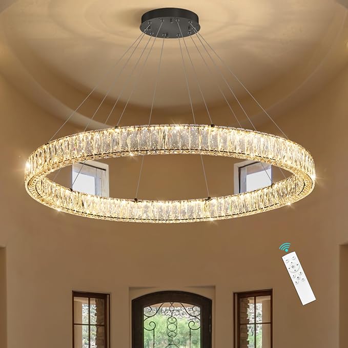 HAIXIANG Modern Crystal Chandelier Dimmable Large Ring LED Pendant Lights Adjustable Glam Chandeliers Lighting Fixtures for Dining Room Living Room Bedroom Black Light