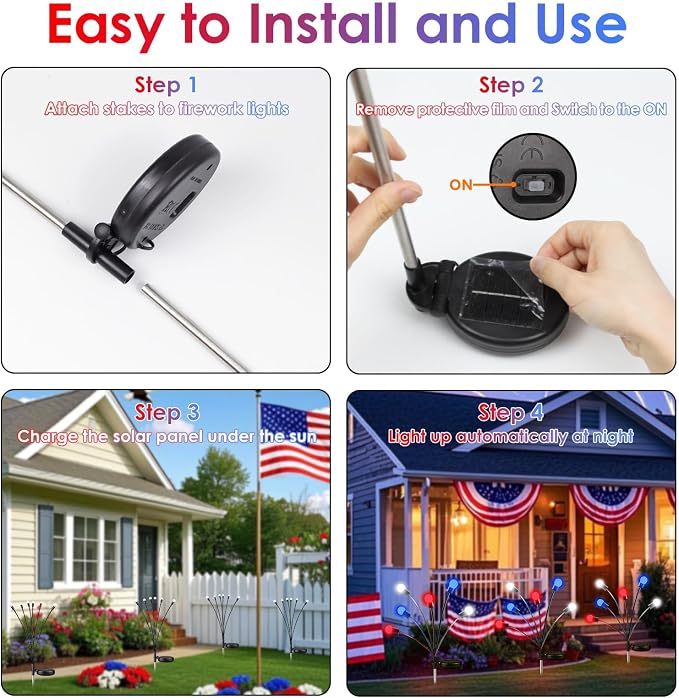 OZS 8 Pack Solar American Flag Lights - 4th of July Solar Garden Outdoor Waterproof Firefly Light for Memory Day, Independence Day, National Day Decoration (Red White Blue)