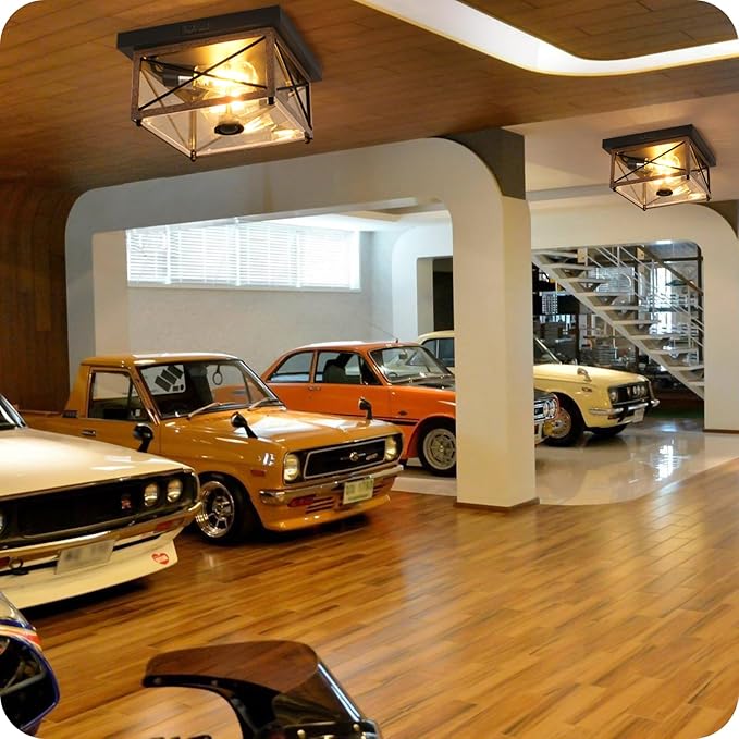 Outdoor Ceiling Light with Motion Sensor, Flush Mount Porch Ceiling Lights Outdoor, 2-Light Farmhouse Metal Close to Ceiling Light Fixture for Patio, Hallway, Garage, Rustic Brown FT09XD05W1