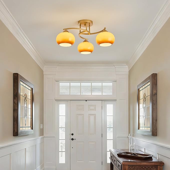 Semi Flush Mount Ceiling Light Fixture Modern Gold Globe Sputnik Chandeliers 3 Light Mid Century Orange Vintage Glass Chandelier for Dining Room Kitchen Bedroom Living Room Foyer Hallway