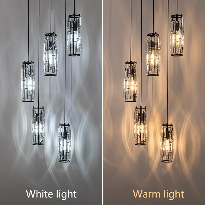 LMQNINE Pendant Light, Black Modern Pendant Light Fixtures, Mini Crystal Chandeliers, Adjustable 5-Light Pendant Lighting for Kitchen Island Dinning Room Bedroom (Black 5-Light)