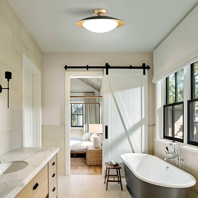 Dimmable Modern Semi Flush Mount Ceiling Light Fixture,Small Black and Gold LED Glass Shade Kitchen Ceiling Lights,5CCT In One Light Fxiture for Hallway Entryway Bedroom Laundry Room Foyer(15.75in)