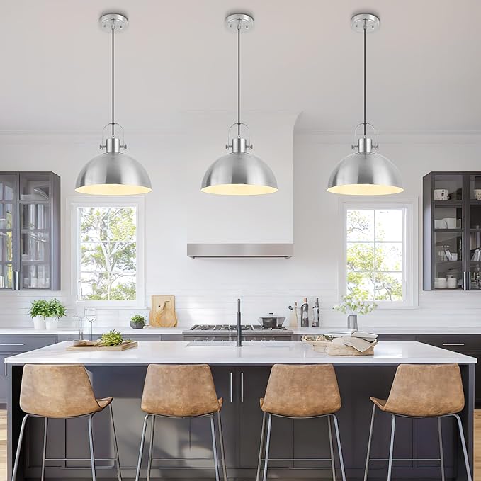 12 Inch Farmhouse Pendant Lights, Brushed Nickel Pendant Lighting for Kitchen Island, lndustrial Adjustable Height Hanging Light for Barn, Dining Room, 3 Pack