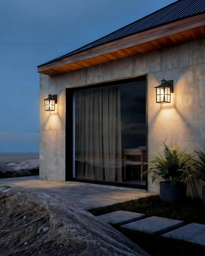 KDG Outdoor Motion Sensor Patio Wall Light Fixtures Set of 2, Black E26 Socket Waterproof Lanterns with Tempered Glass, Modern Wall Mounted Lamps Suitable for Home, Front Door, Garage, Porch