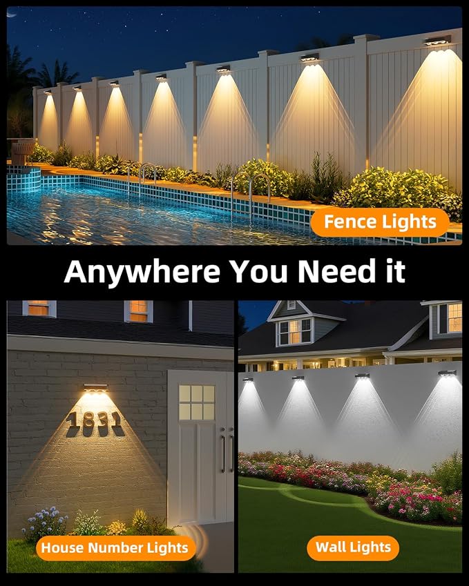 JOFIOS Solar Fence Lights Outdoor, 8 Pack, 9 Fixed Colors & Color Changing Fence Lights Solar Powered Waterproof IP65 Dusk-to-Dawn LED Deck Lighting for Patio, Railing, Pool, Porch, Backyard, Wall