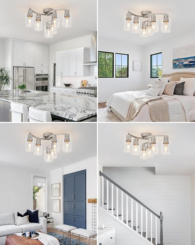 WILON 6-Light Large Brushed Nickel Semi Flush Mount Ceiling Light Fixture, Modern Light Fixtures Ceiling Mount with Clear Glass Shade, Industrial Ceiling Lamp for Dining Room Kitchen Living Room